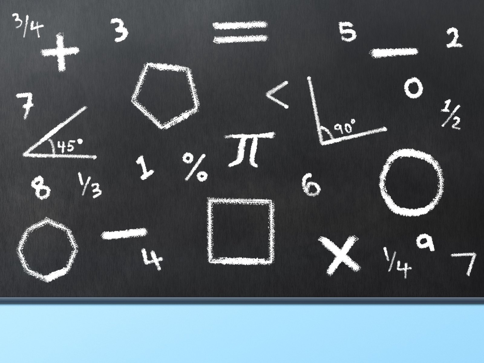 Black board with math symbols and shapes written in chalk